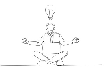 Cartoon of yoga businessman in total concentration with laptop. One line art style