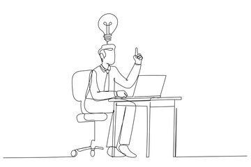 Illustration of happy businessman working at his desk and creating a lot of idea bulbs. Single line art style