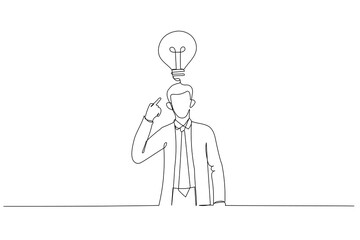 Illustration of businessman pointing to head with one finger found and remember idea. Single continuous line art
