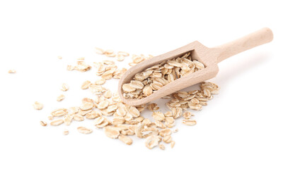 Wooden scoop with raw oatmeal on white background