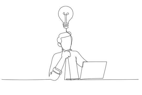 Illustration of businessman thinking about project at workplace thoughtful. Single continuous line art style
