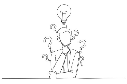 recommend clip art: Drawing of businessman with question mark and lamp. Continuous line art style