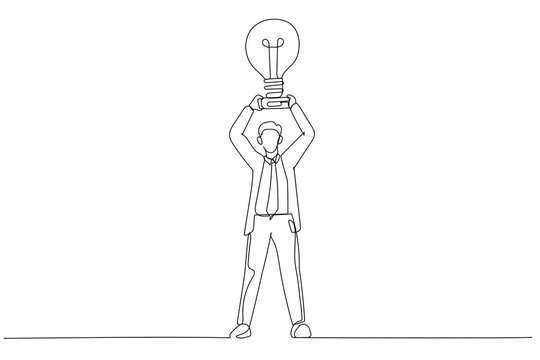 Drawing of businessman hands take a trophy cup that looks like a lightbulb on pedestal. Single continuous line art style