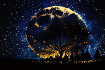 Fototapeta na wymiar Savannah's nighttime scenery moon in a starry sky. Generative AI