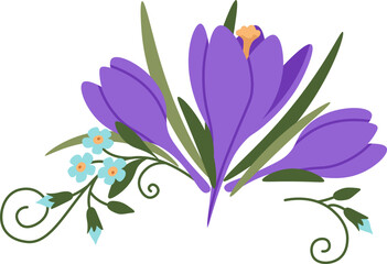 Fototapeta na wymiar Purple crocus bouquet with leaves flat icon