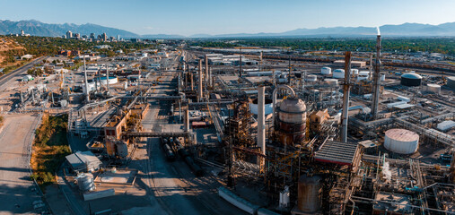 Aerial view of Salt Lake city oil refineries. Burning coal producing energy. Air pollution environmental contamination, ecological disaster earth planet problems concept.