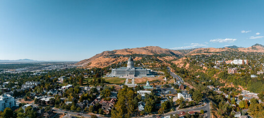 Aerial panoramic view of the Salt Lake City skyline Utah, USA.