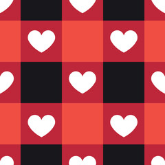 Vector seamless pattern of checkered plain texture with hearts isolated on red background