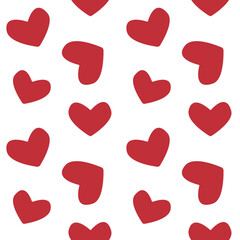Vector seamless pattern of red hand drawn flat hearts isolated on white background