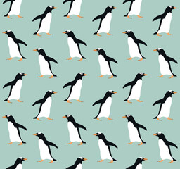 Vector seamless pattern of hand drawn flat penguin isolated on mint background