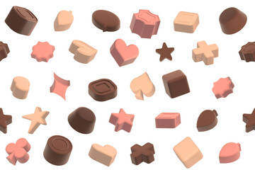 様々なかたちの３色のチョコレートが浮遊する 背景画像上下左右リピート可能なシームレス背景