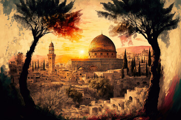 Obraz premium Beautiful view of the Old City of Jerusalem at sunset, including the Temple Mount, the Dome of the Rock, the Golden Gate, Mount Zion, and an olive tree on the Mount of Olives. Generative AI