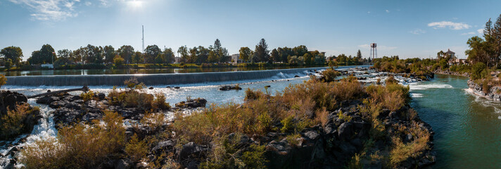 Aerial panoramic view of the waterfall in city of Idaho Falls, ID, USA.