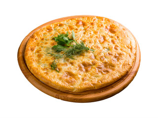 khachapuri with spinach and cheese on the board, georgian cuisine isolated on white background