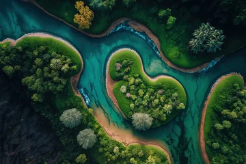 Foto op Plexiglas Aerial view drone photo shows a river in Southeast Asia with a lush tropical vegetation and mountains in the distance. Generative AI © 2rogan