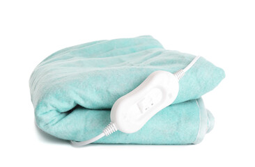 Green electric heating pad with controller on white background