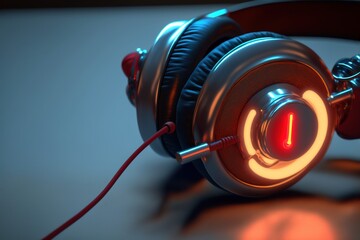 Naklejka premium Close-up of a headset with a microphone and bright RGB neon lights, generative ai