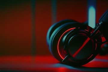 Fototapeta na wymiar Close-up of a headset with red RGB neon lights, copyspace, generative ai