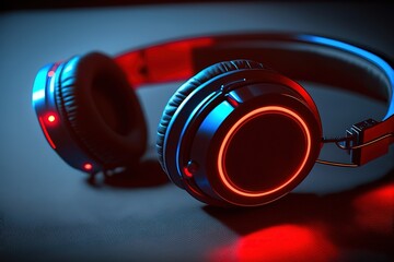 Fototapeta na wymiar Neon gaming headset with red RGB lights, generative ai
