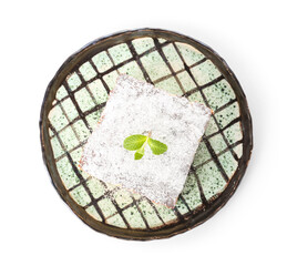 Plate with piece of cheese pie on white background