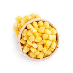 Bowl of canned corn isolated on white background