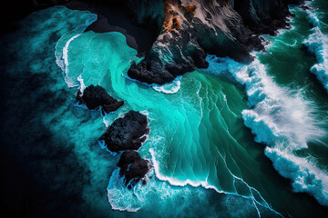 It is in Madeira, Portugal, on the Atlantic Ocean. The dark beach is being pounded by waves. a serene location as seen from a drone. It is turquoise out there. Generative AI