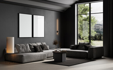 Black contemporary minimalist interior with sofa, two frames, coffee table and decor. 3d render illustration mockup.