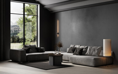 Black stylish minimalist interior with sofa, coffee table and decor. 3d render illustration mockup.