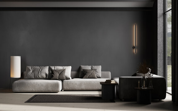 Dark cozy interior background, loft style living room with big window, 3D rendering
