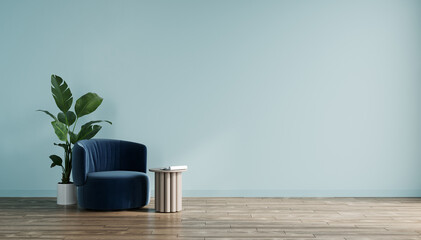 Blue contemporary minimalist interior with armchair, blank wall, coffee table and decor. 3d render illustration mockup