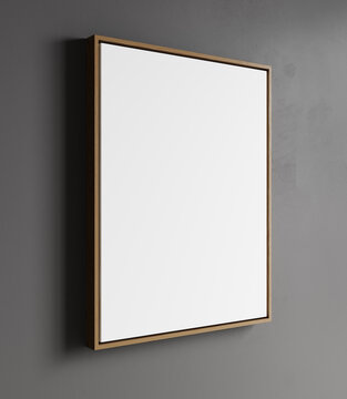 blank frame on gray wall mock up, vertical wooden poster frame on wall, picture frame isolated on a wall, mock up for picture or photo frame, empty frame on plaster wall, 3d render