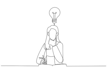 Drawing of businesswoman thinking on productive ideas sitting at laptop and notepad for notes. Single continuous line art style