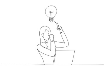 Fototapeta premium Drawing of businesswoman sitting at laptop and having brilliant idea in mind with light bulb above. Single line art style
