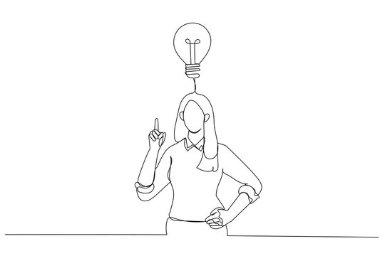 Illustration of businesswoman happy after got new idea. One line art style