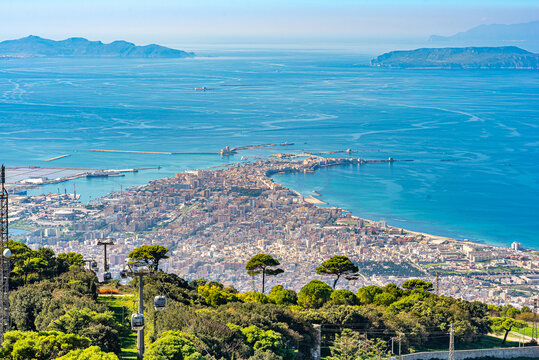 Top view from the Mount Erice to the city of Trapani, the seaport in the western Sicily. The Egadi islands can be seen in the background. There is a cable car connection between Trapani and Erice