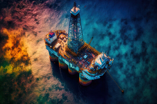 Aerial shot of a jack up drilling rig at an offshore area at dusk. Generative AI