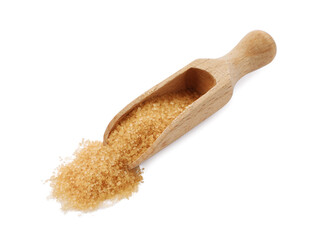 Fototapeta na wymiar Wooden scoop of granulated brown sugar isolated on white