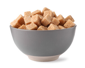 Bowl of brown sugar cubes isolated on white