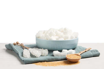Fototapeta na wymiar Different types of sugar on white wooden table