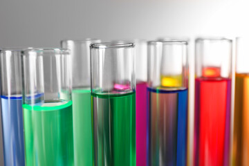 Many test tubes with colorful liquids on grey background, closeup
