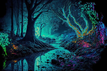 Fantasy woodland scene in the dead of night with mystical glows Fantasy magic and neon night lights with an abstract woodland. Generative AI