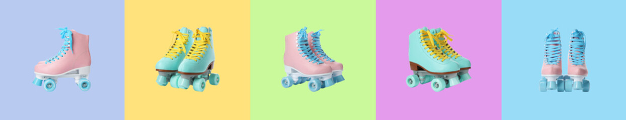 Collage with roller skates on various color backgrounds, views from different sides. Banner design