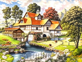 Houses in the park. Beautiful Landscape paintings of houses, bridges, mountains and trees.