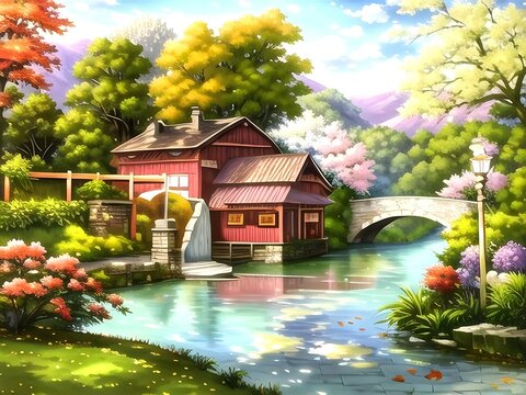 House in the garden. Beautiful Landscape paintings of houses, bridges, mountains and trees