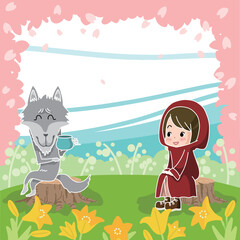 桜満開の春の草原で談笑する赤ずきんとオオカミ