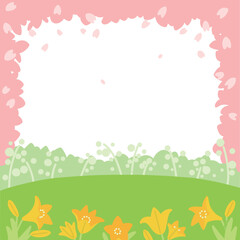 桜満開の春の草原