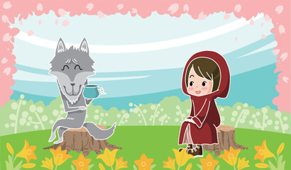 桜満開の春の草原で談笑する赤ずきんとオオカミ