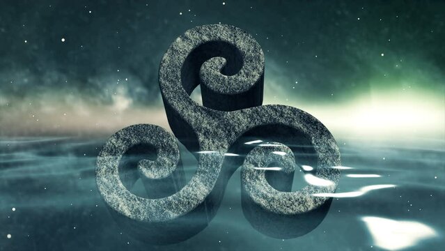 3D Triskelion Religious Symbol being hit by a thin wave in the sea