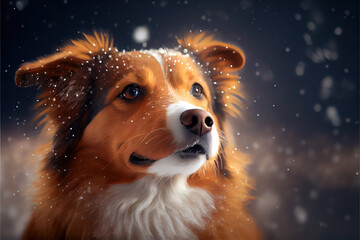 Beautiful cute dog playing in snow