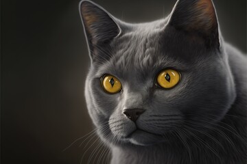 Gray cat or kitty with beautiful yellow eyes color spot on grey monochrome background